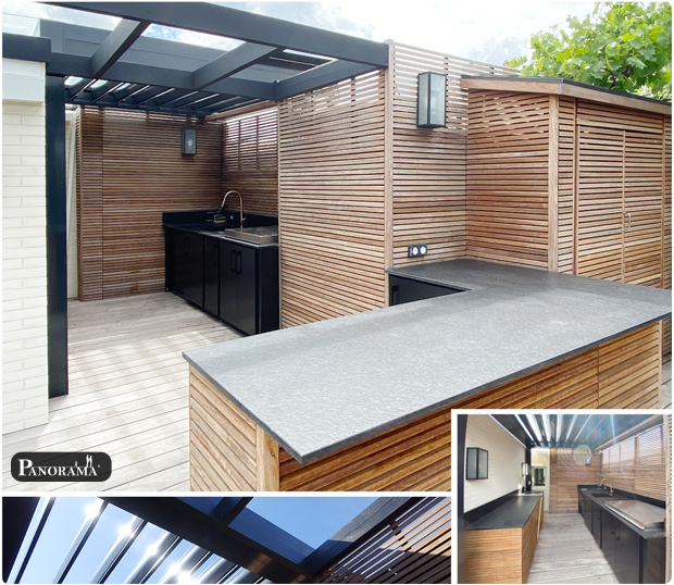 cuisine exterieure panneau parvue en ipe pergola bioclimatique panorama terrasse Boulogne