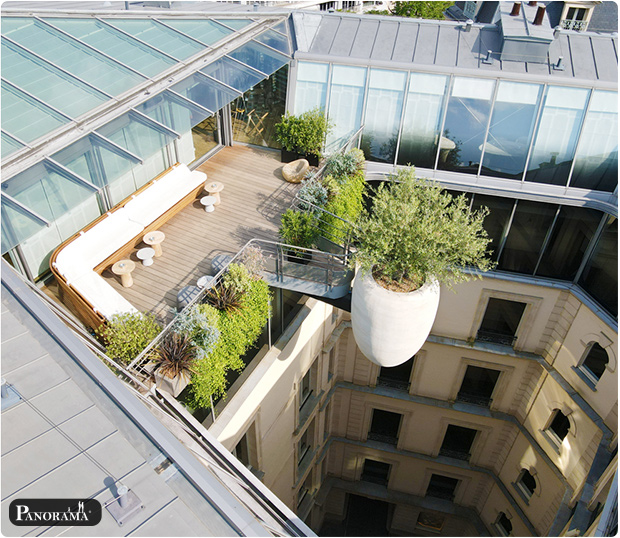 restaurant 39V avenue George V paris terrasse ipe bois exotique rooftop arbre dans le vide panorama luxe