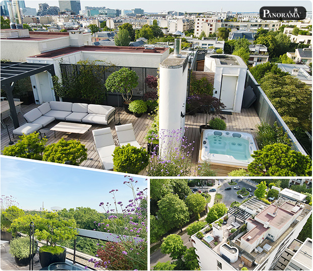 terrasse bois exotique ipe haut de gamme neuilly paris panorama jacuzzi plantes fleurs toit pergola