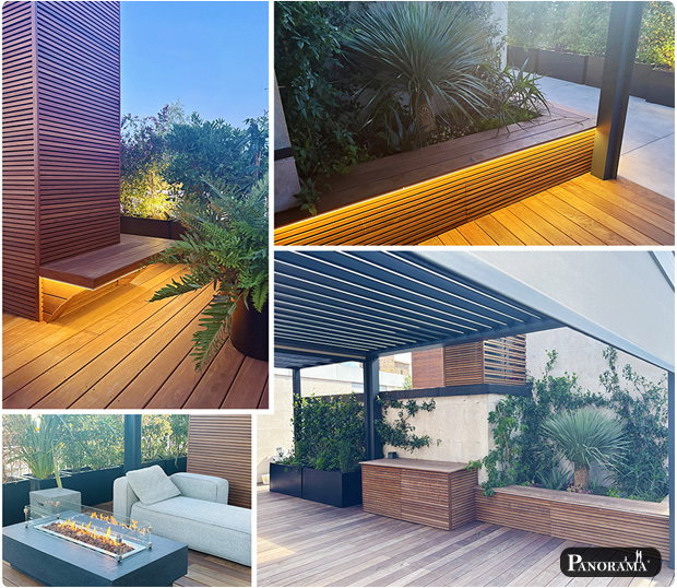 Terrasse en ipé haut de gamme, rooftop à Neuilly-sur-Seine, pergola bioclimatique, ambiance luxe, design Panorama Terrasses